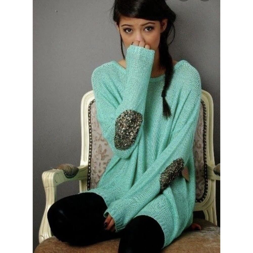 $70 TOBI Mint Sweater Jumper Long Seeve Knit Top Shirt Sequin Elbow Slouchy M
